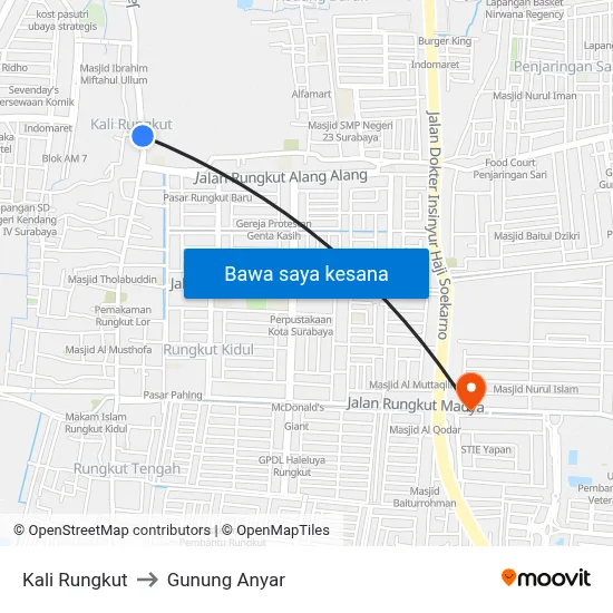 Kali Rungkut to Gunung Anyar map