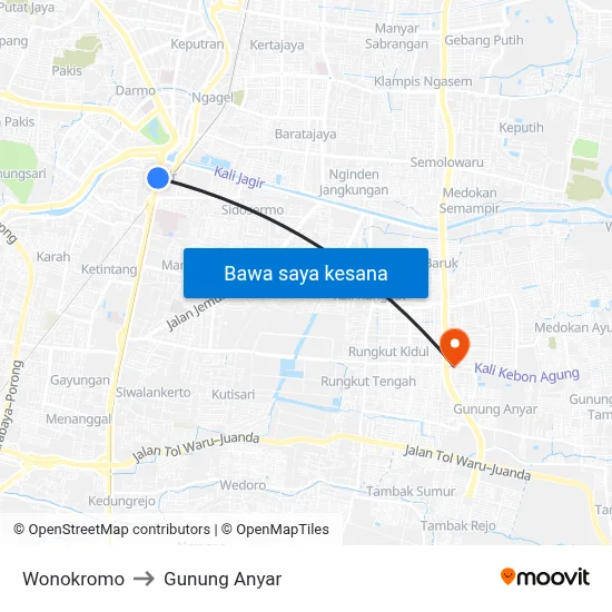 Wonokromo to Gunung Anyar map