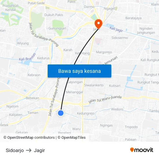 Sidoarjo to Jagir map