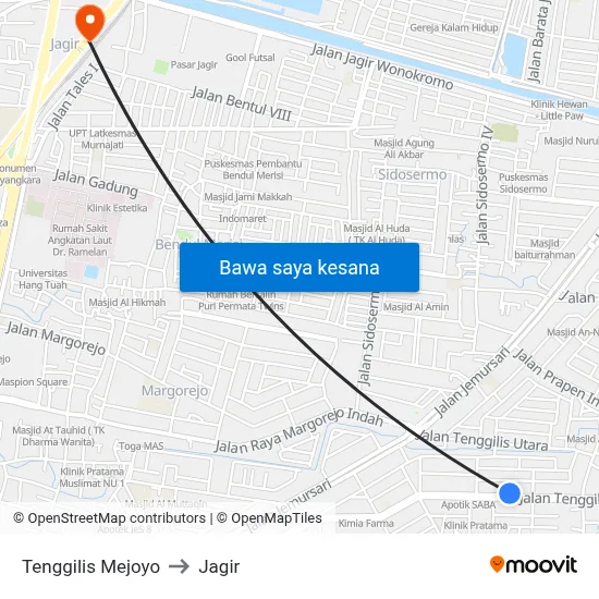 Tenggilis Mejoyo to Jagir map