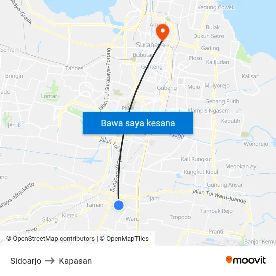 Sidoarjo to Kapasan map