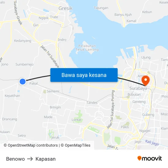 Benowo to Kapasan map