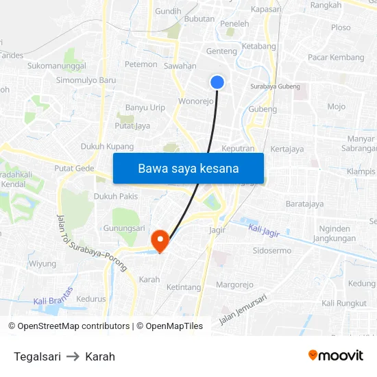 Tegalsari to Karah map