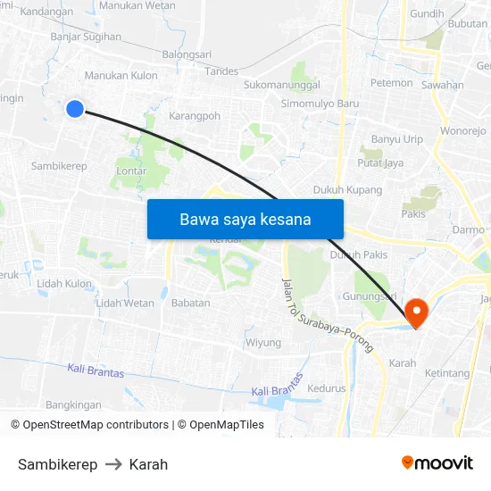 Sambikerep to Karah map