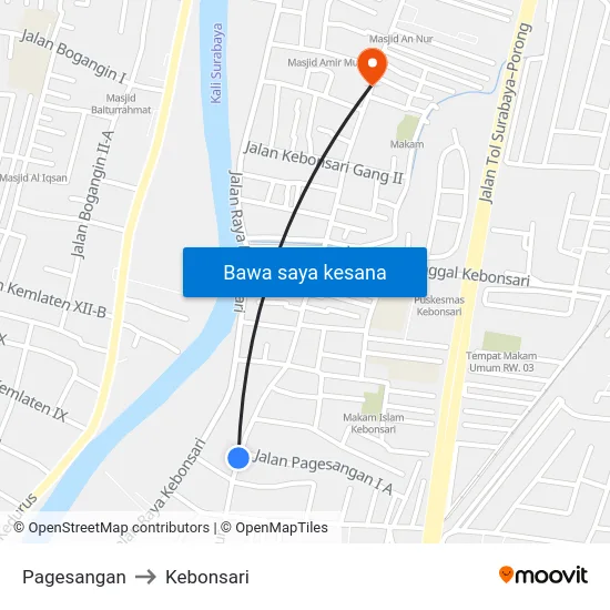 Pagesangan to Kebonsari map