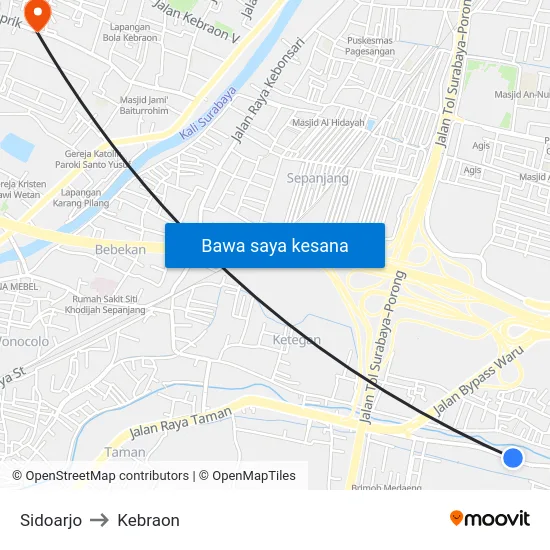 Sidoarjo to Kebraon map