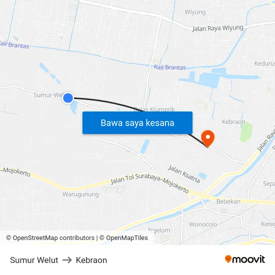 Sumur Welut to Kebraon map