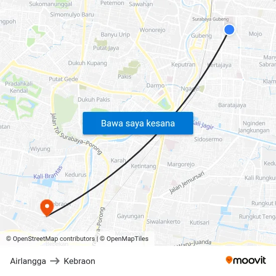Airlangga to Kebraon map
