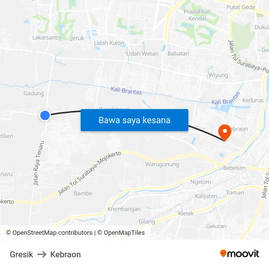 Gresik to Kebraon map
