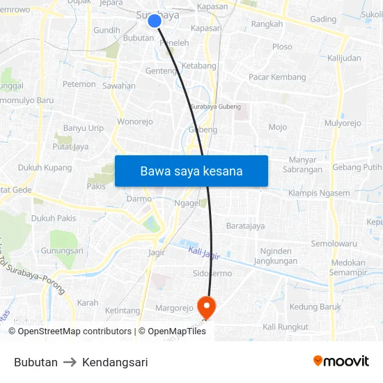 Bubutan to Kendangsari map