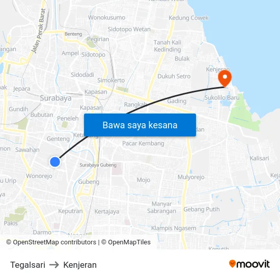 Tegalsari to Kenjeran map