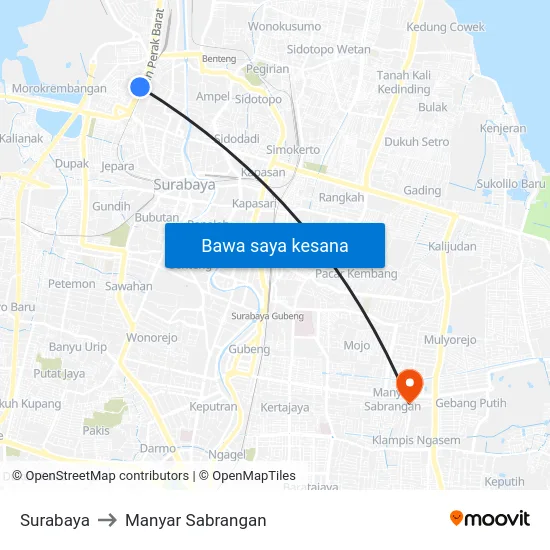 Surabaya to Manyar Sabrangan map