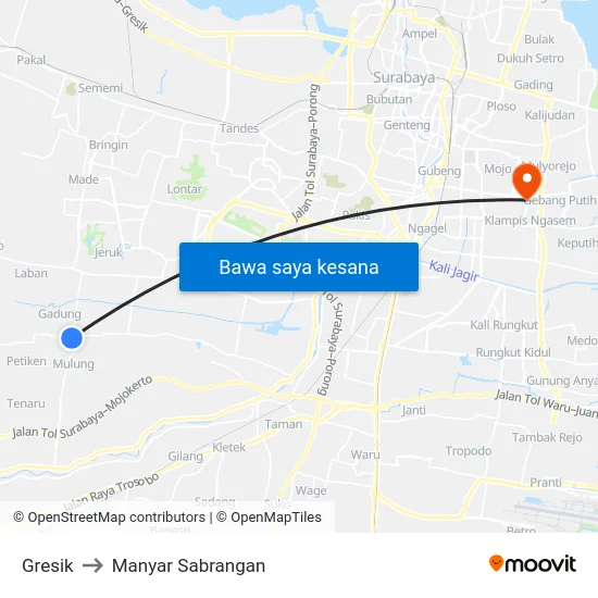 Gresik to Manyar Sabrangan map