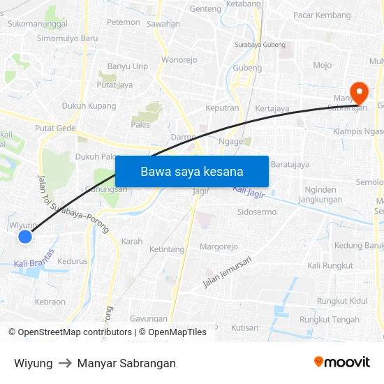Wiyung to Manyar Sabrangan map