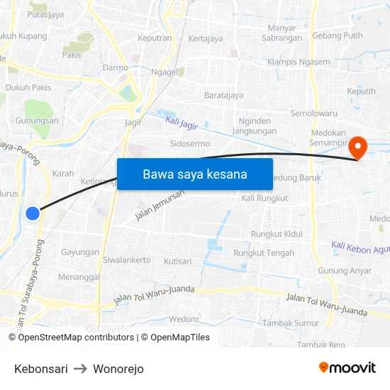 Kebonsari to Wonorejo map