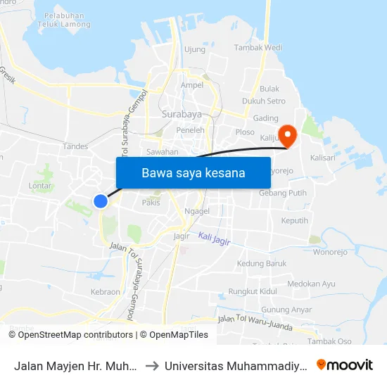 Jalan Mayjen Hr. Muhammad 47 to Universitas Muhammadiyah Surabaya map