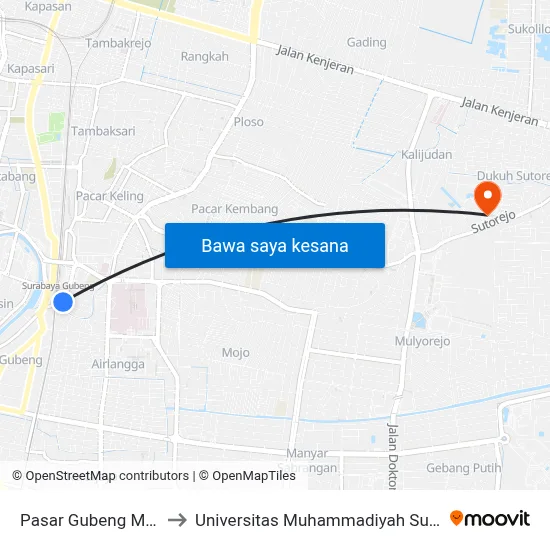Pasar Gubeng Masjid to Universitas Muhammadiyah Surabaya map
