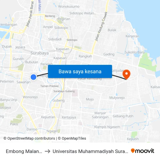 Embong Malang 2 to Universitas Muhammadiyah Surabaya map
