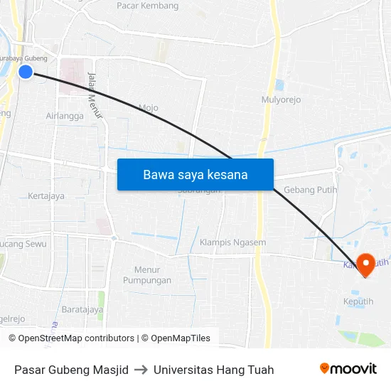 Pasar Gubeng Masjid to Universitas Hang Tuah map