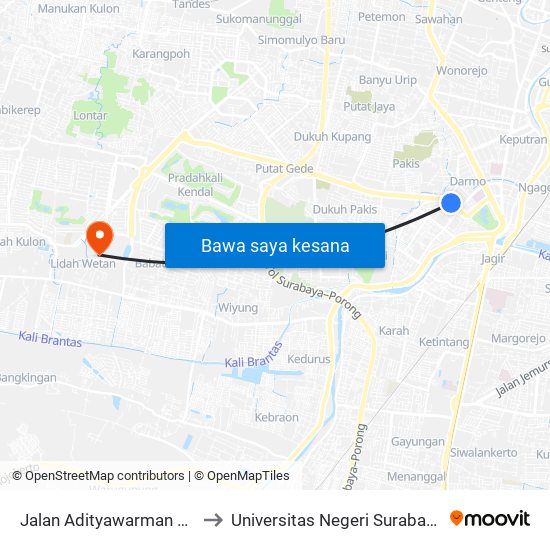 Jalan Adityawarman 96 to Universitas Negeri Surabaya map