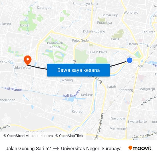 Jalan Gunung Sari 52 to Universitas Negeri Surabaya map