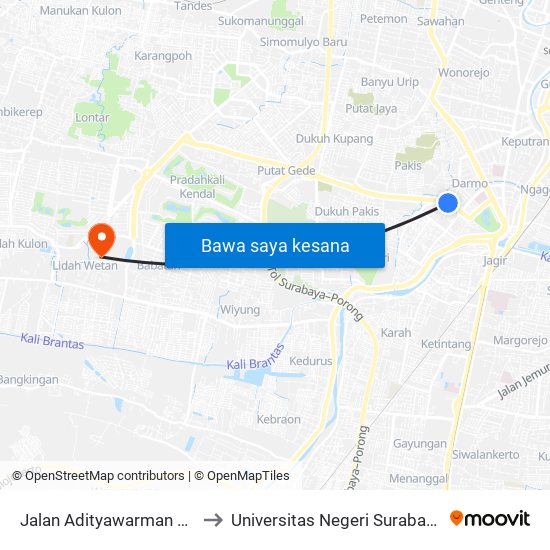 Jalan Adityawarman 85 to Universitas Negeri Surabaya map