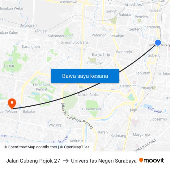 Jalan Gubeng Pojok 27 to Universitas Negeri Surabaya map