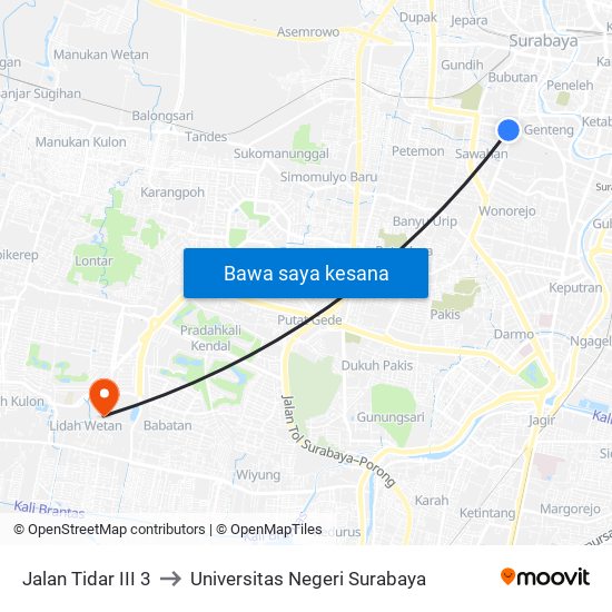 Jalan Tidar III 3 to Universitas Negeri Surabaya map