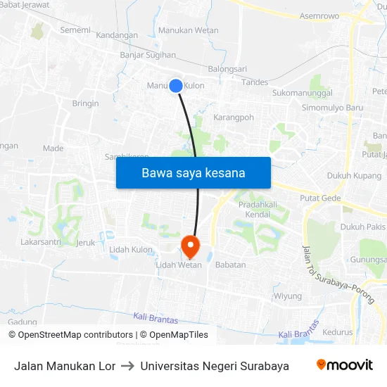 Jalan Manukan Lor to Universitas Negeri Surabaya map