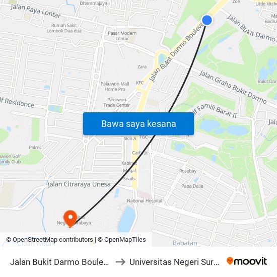 Jalan Bukit Darmo Boulevard 2 to Universitas Negeri Surabaya map