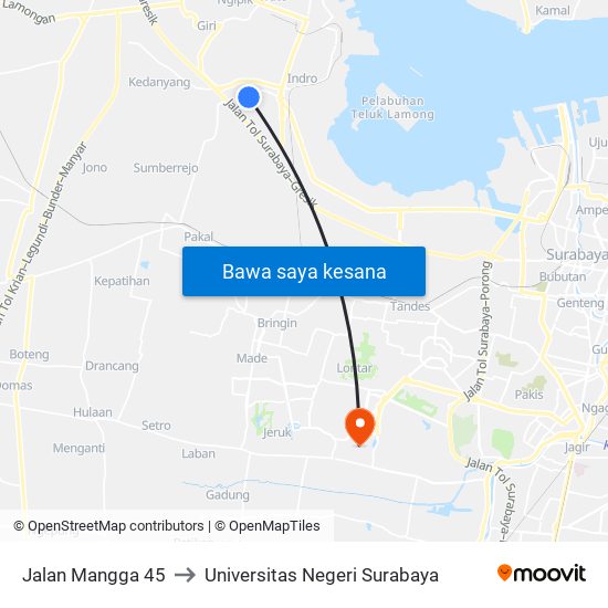 Jalan Mangga 45 to Universitas Negeri Surabaya map