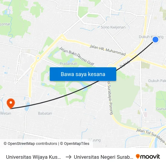 Universitas Wijaya Kusuma to Universitas Negeri Surabaya map