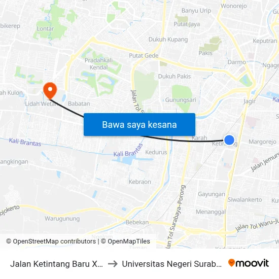 Jalan Ketintang Baru XII 4 to Universitas Negeri Surabaya map