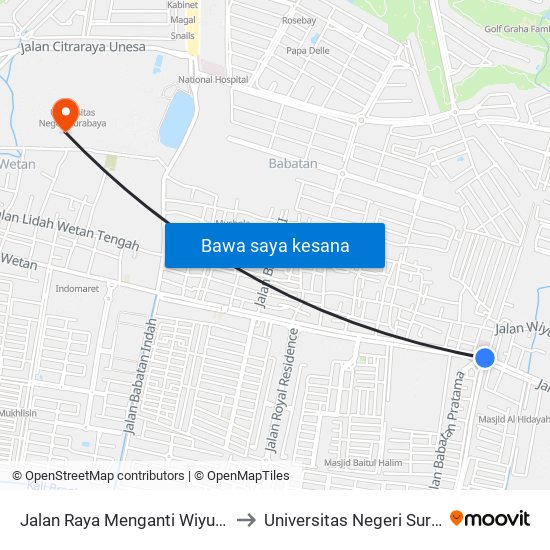 Jalan Raya Menganti Wiyung 424 to Universitas Negeri Surabaya map