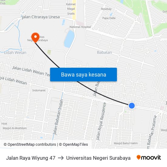 Jalan Raya Wiyung 47 to Universitas Negeri Surabaya map