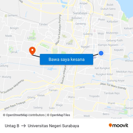 Untag B to Universitas Negeri Surabaya map