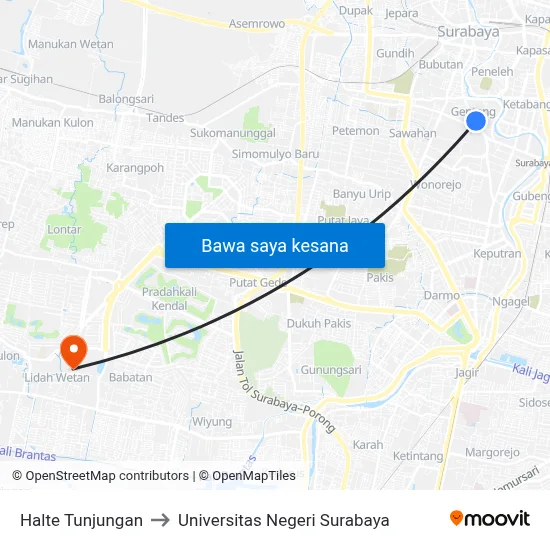 Halte Tunjungan to Universitas Negeri Surabaya map