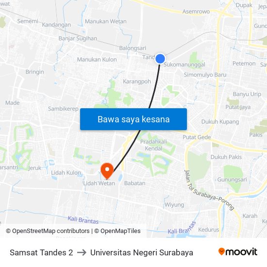 Samsat Tandes 2 to Universitas Negeri Surabaya map