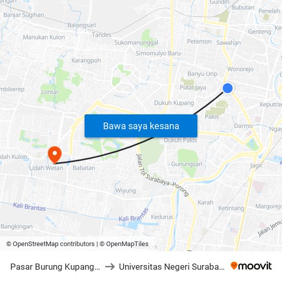 Pasar Burung Kupang 3 to Universitas Negeri Surabaya map