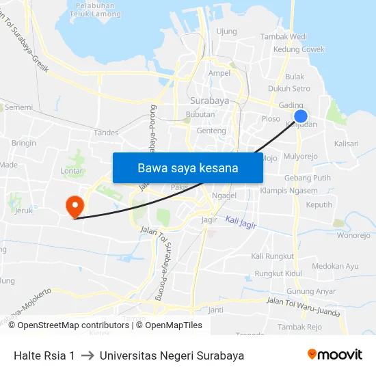 Halte Rsia 1 to Universitas Negeri Surabaya map