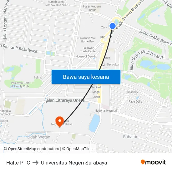 Halte PTC to Universitas Negeri Surabaya map