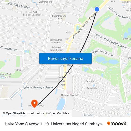 Halte Yono Suwoyo 1 to Universitas Negeri Surabaya map