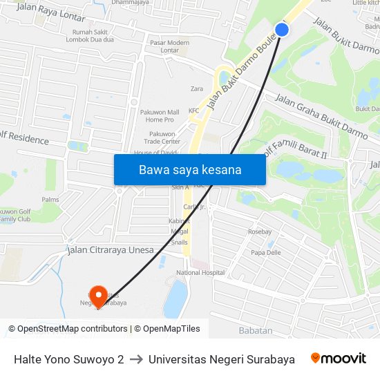 Halte Yono Suwoyo 2 to Universitas Negeri Surabaya map