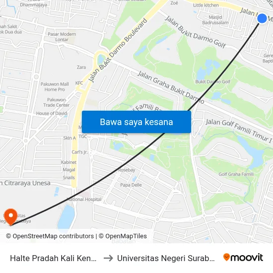 Halte Pradah Kali Kendal to Universitas Negeri Surabaya map