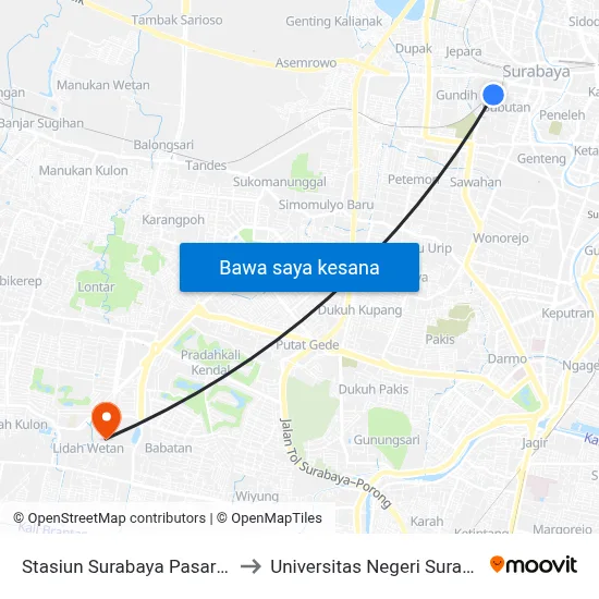 Stasiun Surabaya Pasar Turi to Universitas Negeri Surabaya map