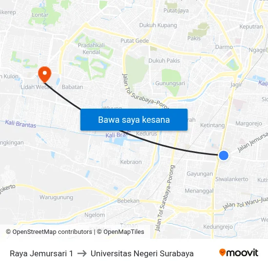 Raya Jemursari 1 to Universitas Negeri Surabaya map