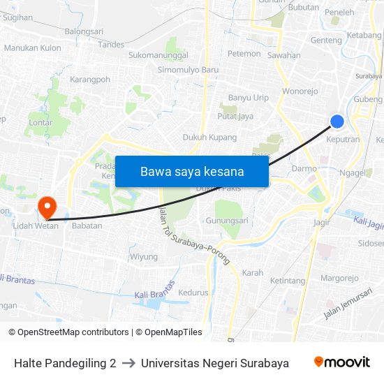 Halte Pandegiling 2 to Universitas Negeri Surabaya map