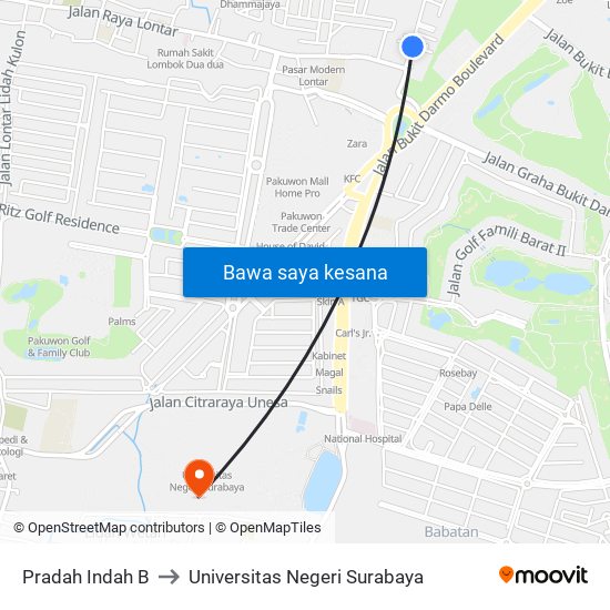 Pradah Indah B to Universitas Negeri Surabaya map