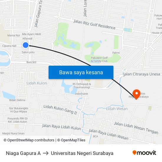 Niaga Gapura A to Universitas Negeri Surabaya map