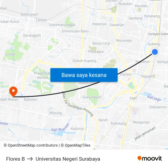 Flores B to Universitas Negeri Surabaya map